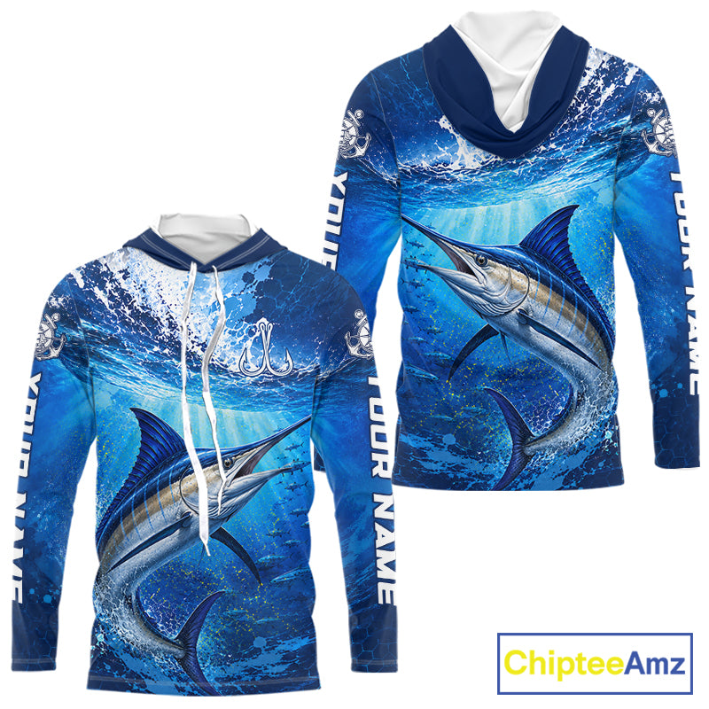 Marlin Fishing Jersey Ocean Blue 3D All Over Print Long Sleeve Hooded Performance Shirt NHT1085