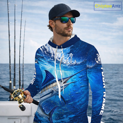 Marlin Fishing Jersey Ocean Blue 3D All Over Print Long Sleeve Hooded Performance Shirt NHT1085