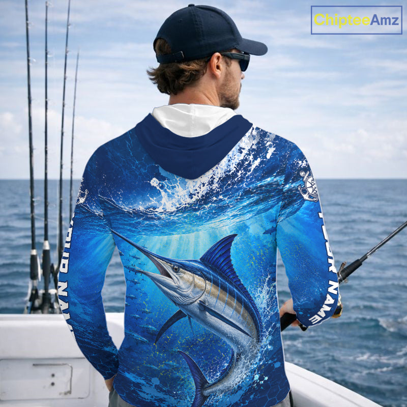 Marlin Fishing Jersey Ocean Blue 3D All Over Print Long Sleeve Hooded Performance Shirt NHT1085