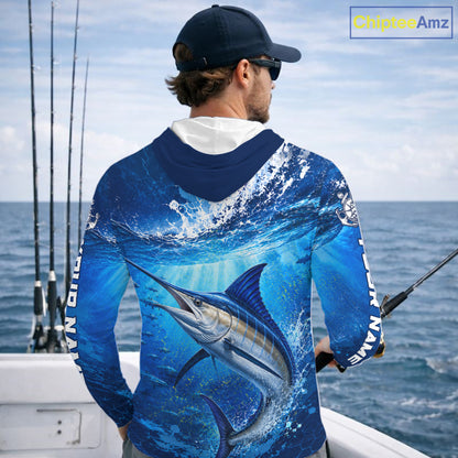 Marlin Fishing Jersey Ocean Blue 3D All Over Print Long Sleeve Hooded Performance Shirt NHT1085