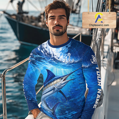 Marlin Fishing Jersey Ocean Blue 3D All Over Print Long Sleeve Performance Shirt 