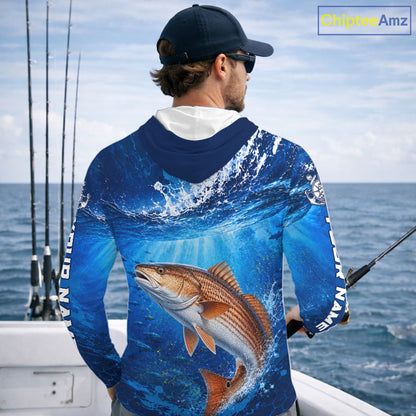 Redfish (Red Drum) Fishing Jersey Ocean Blue 3D All Over Print Long Sleeve Hooded Performance Shirt NHT1086