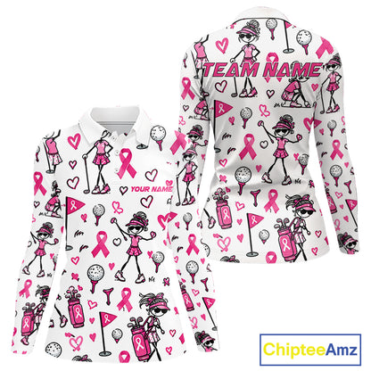 Custom Breast Cancer Awareness Stick Figure Golf Girl White Women Polo Shirt, Personalized Pink Ribbon Golf Shirt NHT1547