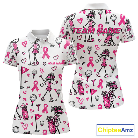 Custom Breast Cancer Awareness Stick Figure Golf Girl White Women Polo Shirt, Personalized Pink Ribbon Golf Shirt NHT1547