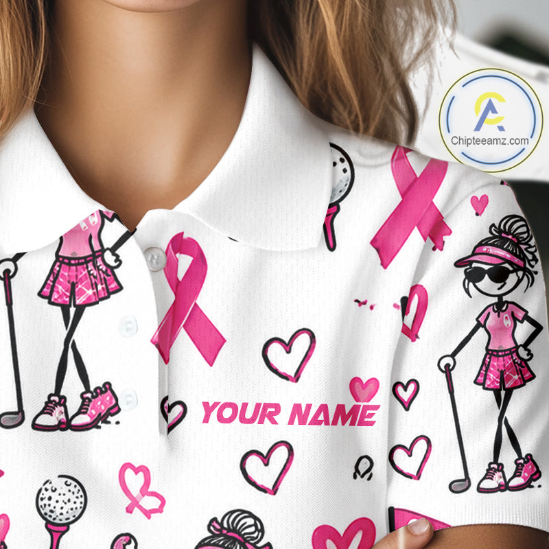 Custom Breast Cancer Awareness Stick Figure Golf Girl White Women Polo Shirt, Personalized Pink Ribbon Golf Shirt NHT1547