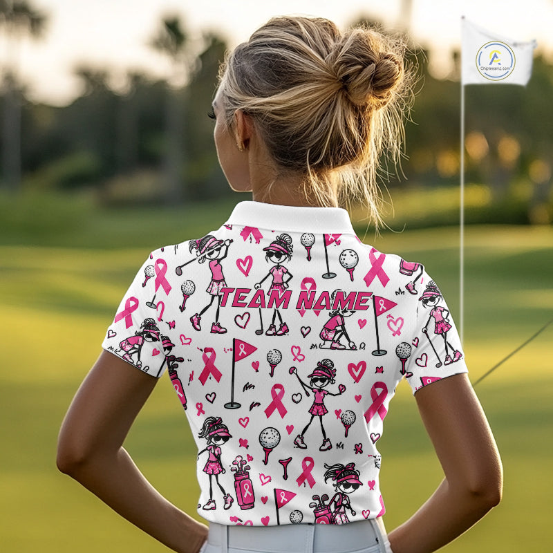 Custom Breast Cancer Awareness Stick Figure Golf Girl White Women Polo Shirt, Personalized Pink Ribbon Golf Shirt NHT1547