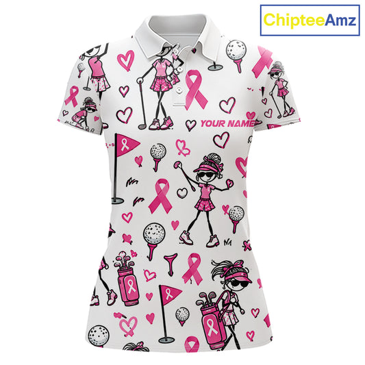 Custom Breast Cancer Awareness Stick Figure Golf Girl White Women Polo Shirt, Personalized Pink Ribbon Golf Shirt NHT1547