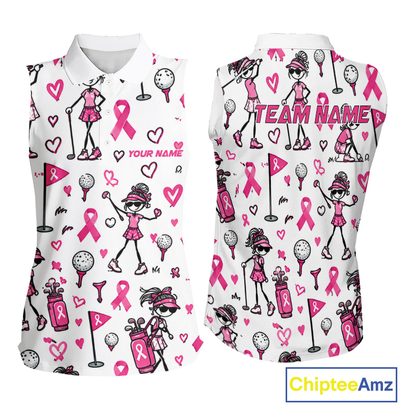 Custom Breast Cancer Awareness Stick Figure Golf Girl White Women Polo Shirt, Personalized Pink Ribbon Golf Shirt NHT1547