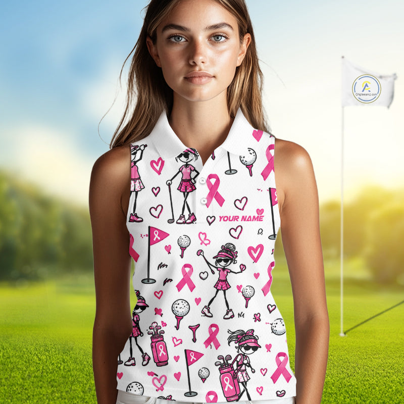 Custom Breast Cancer Awareness Stick Figure Golf Girl White Women Polo Shirt, Personalized Pink Ribbon Golf Shirt NHT1547