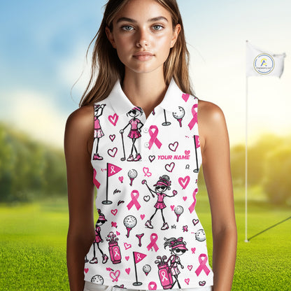 Custom Breast Cancer Awareness Stick Figure Golf Girl White Women Polo Shirt, Personalized Pink Ribbon Golf Shirt NHT1547