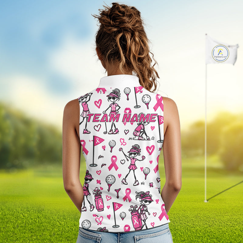 Custom Breast Cancer Awareness Stick Figure Golf Girl White Women Polo Shirt, Personalized Pink Ribbon Golf Shirt NHT1547