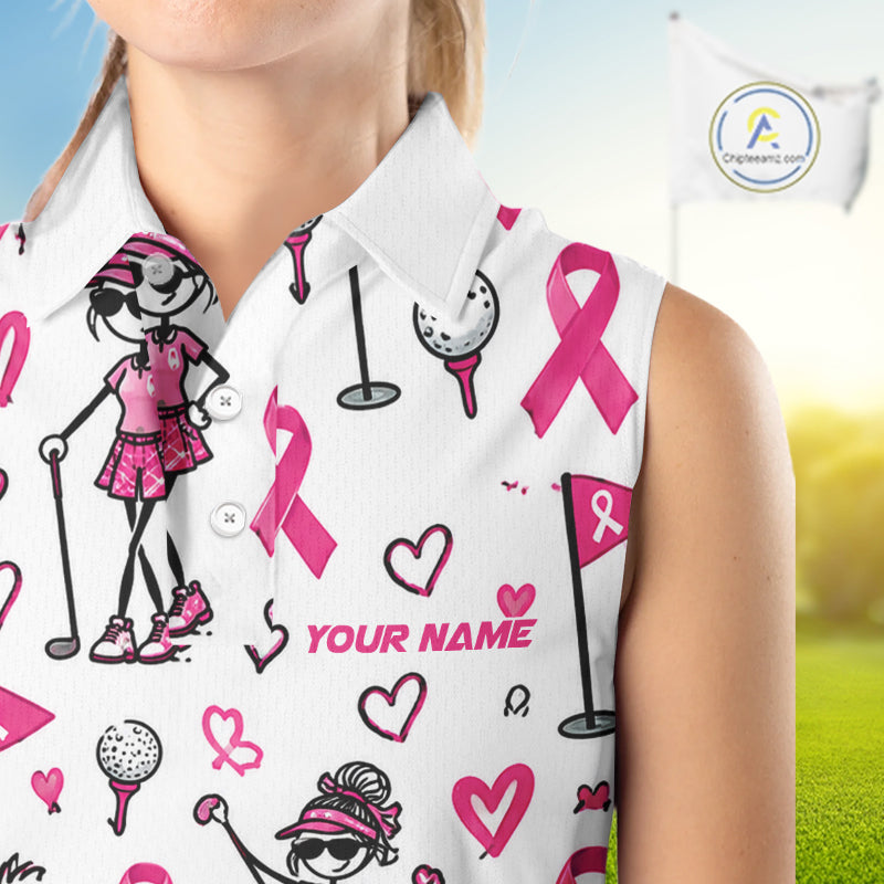 Custom Breast Cancer Awareness Stick Figure Golf Girl White Women Polo Shirt, Personalized Pink Ribbon Golf Shirt NHT1547