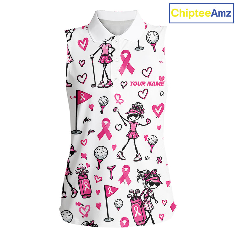 Custom Breast Cancer Awareness Stick Figure Golf Girl White Women Polo Shirt, Personalized Pink Ribbon Golf Shirt NHT1547