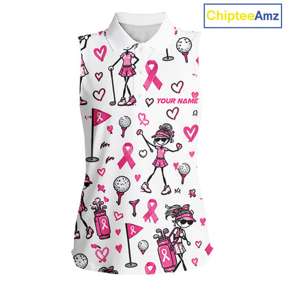 Custom Breast Cancer Awareness Stick Figure Golf Girl White Women Polo Shirt, Personalized Pink Ribbon Golf Shirt NHT1547