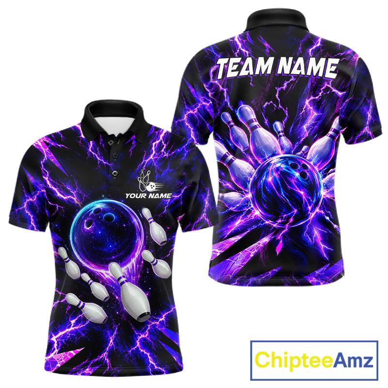 Custom Men Bowling Polo Shirt, Personalized Bowling Team Jersey, Purple Lightning Bowler Shirt NHT1551