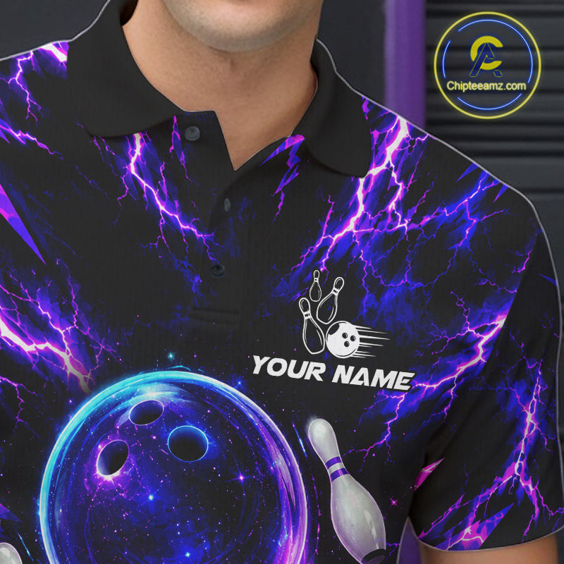 Custom Men Bowling Polo Shirt, Personalized Bowling Team Jersey, Purple Lightning Bowler Shirt NHT1551