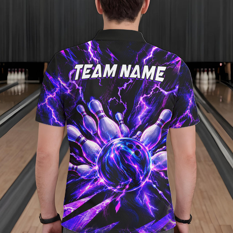 Custom Men Bowling Polo Shirt, Personalized Bowling Team Jersey, Purple Lightning Bowler Shirt NHT1551