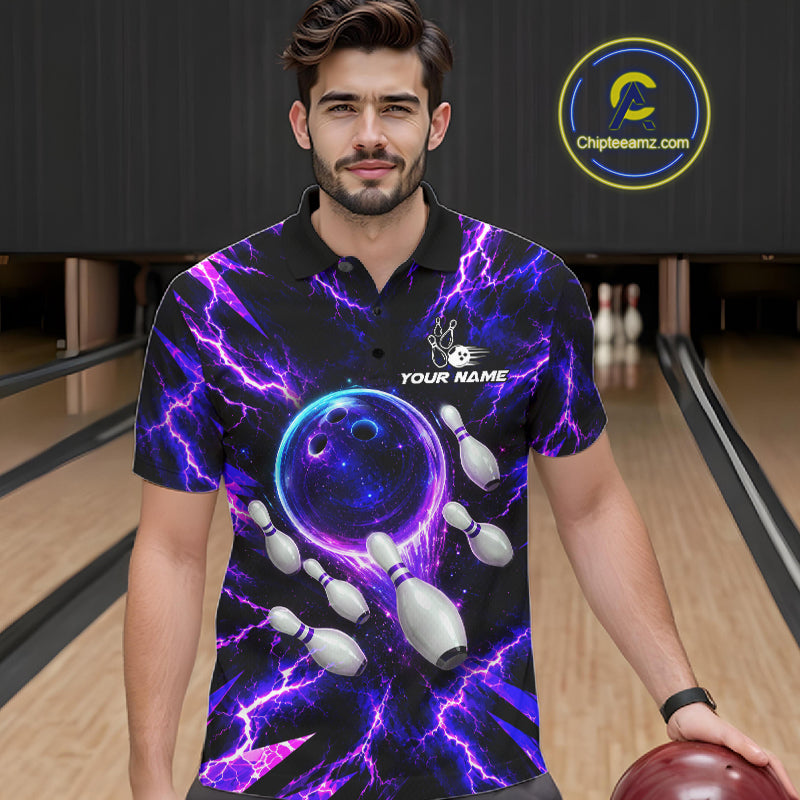 Custom Men Bowling Polo Shirt, Personalized Bowling Team Jersey, Purple Lightning Bowler Shirt NHT1551