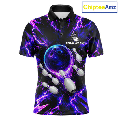 Custom Men Bowling Polo Shirt, Personalized Bowling Team Jersey, Purple Lightning Bowler Shirt NHT1551
