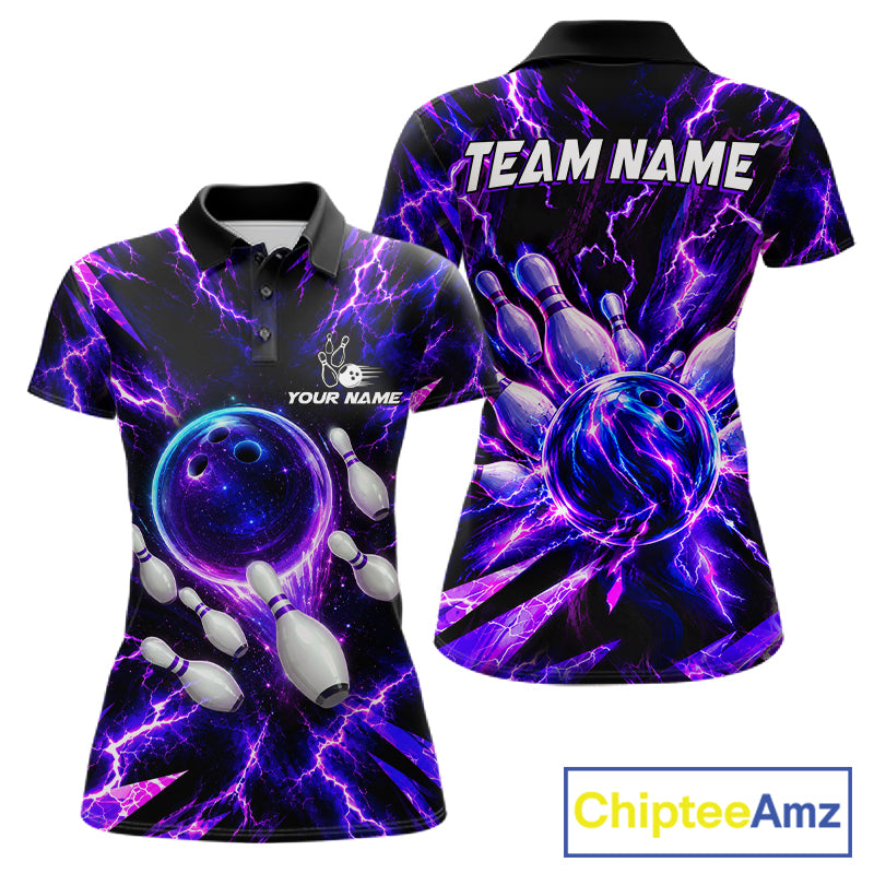 Custom Women Bowling Polo Shirt, Personalized Bowling Team Jersey, Purple Lightning Bowler Shirt NHT1551