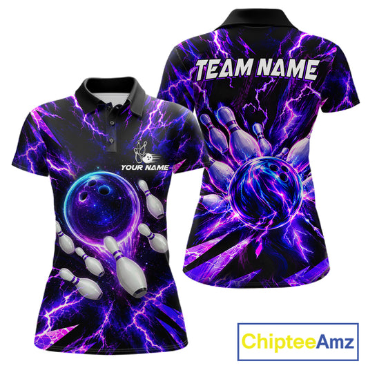 Custom Women Bowling Polo Shirt, Personalized Bowling Team Jersey, Purple Lightning Bowler Shirt NHT1551
