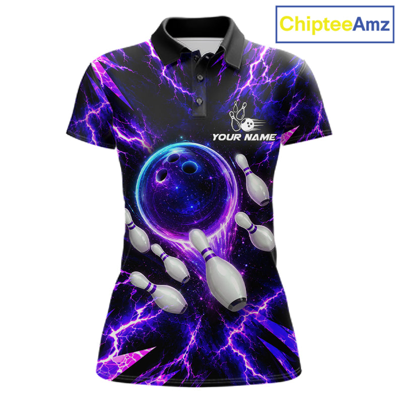 Custom Women Bowling Polo Shirt, Personalized Bowling Team Jersey, Purple Lightning Bowler Shirt NHT1551
