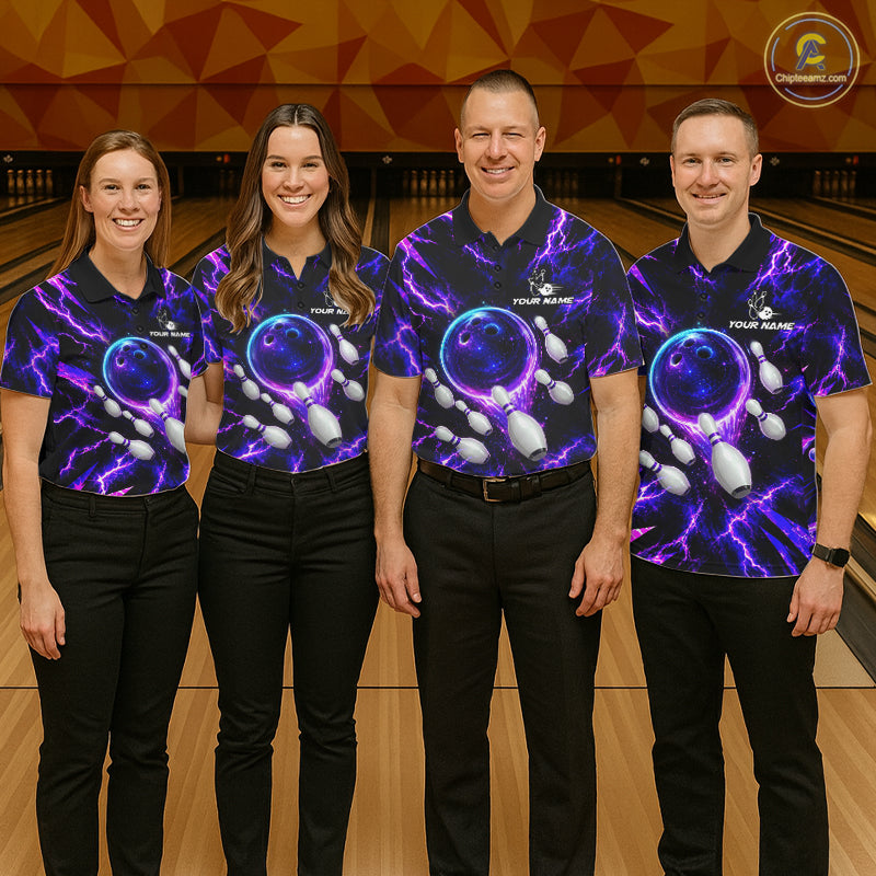 Custom Men Bowling Polo Shirt, Personalized Bowling Team Jersey, Purple Lightning Bowler Shirt NHT1551