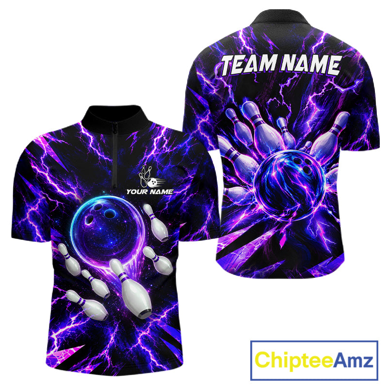 Custom Men Bowling Polo Shirt, Personalized Bowling Team Jersey, Purple Lightning Bowler Shirt NHT1551