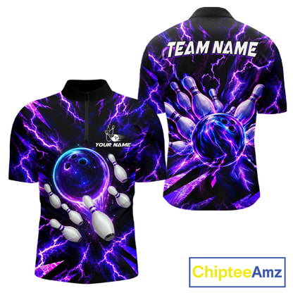 Custom Men Bowling Polo Shirt, Personalized Bowling Team Jersey, Purple Lightning Bowler Shirt NHT1551