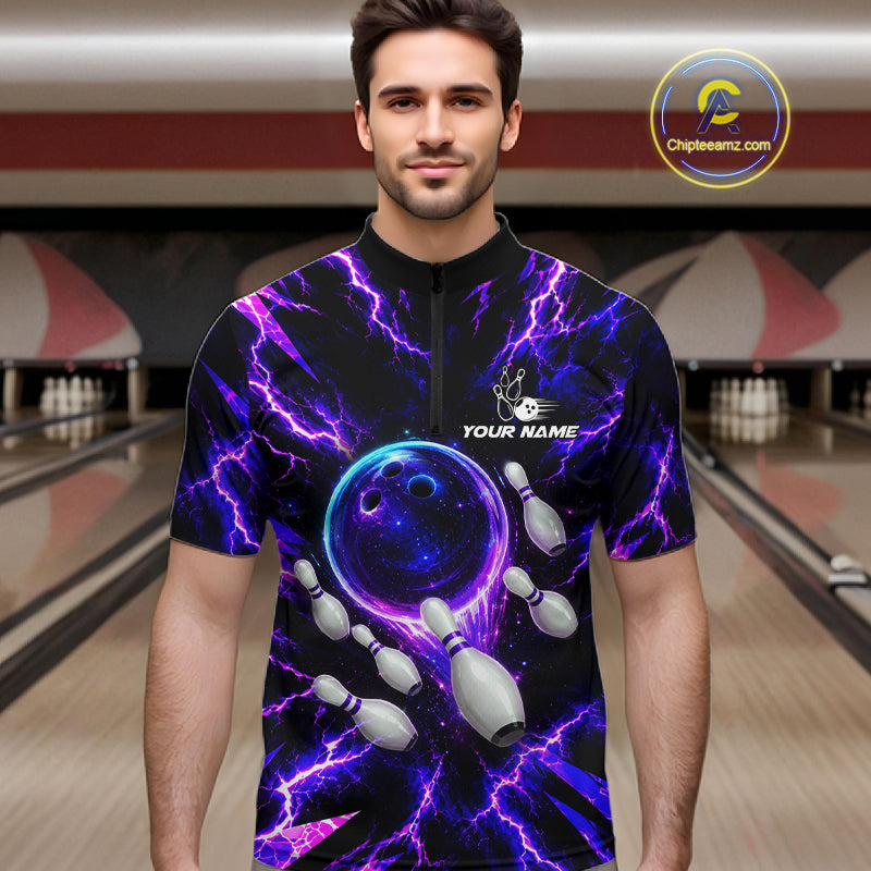 Custom Men Bowling Polo Shirt, Personalized Bowling Team Jersey, Purple Lightning Bowler Shirt NHT1551