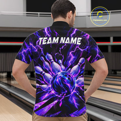 Custom Men Bowling Polo Shirt, Personalized Bowling Team Jersey, Purple Lightning Bowler Shirt NHT1551