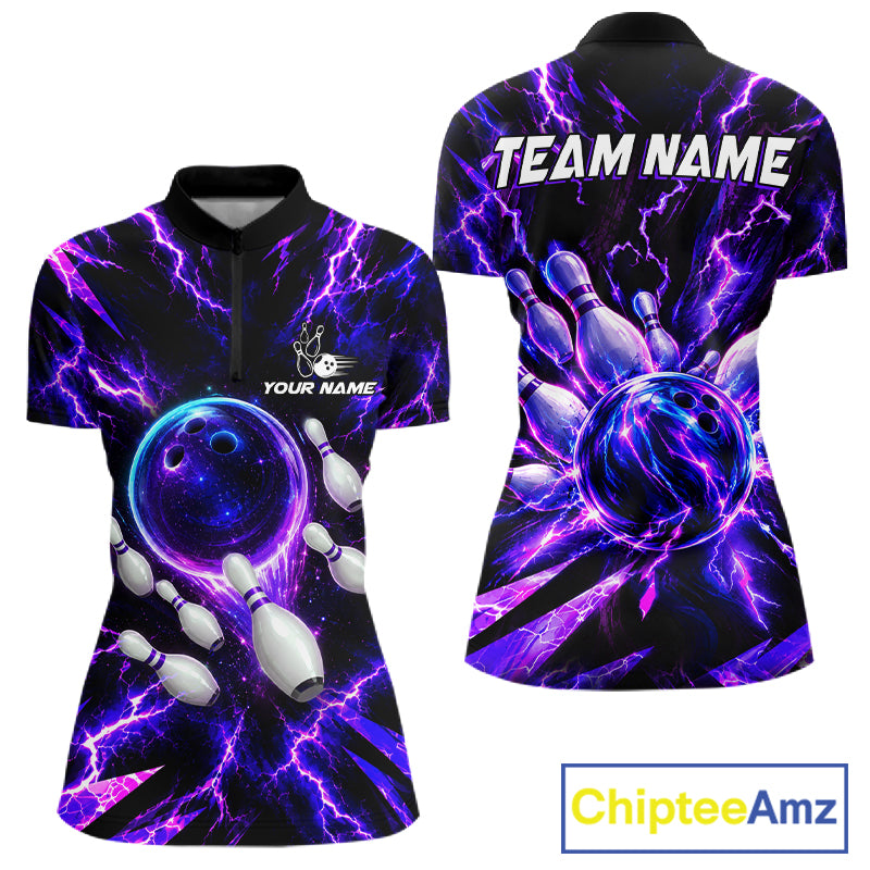 Custom Women Bowling Polo Shirt, Personalized Bowling Team Jersey, Purple Lightning Bowler Shirt NHT1551