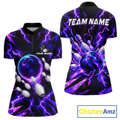 Custom Women Bowling Polo Shirt, Personalized Bowling Team Jersey, Purple Lightning Bowler Shirt NHT1551
