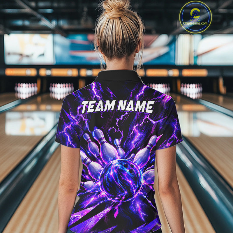 Custom Women Bowling Polo Shirt, Personalized Bowling Team Jersey, Purple Lightning Bowler Shirt NHT1551