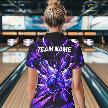 Custom Women Bowling Polo Shirt, Personalized Bowling Team Jersey, Purple Lightning Bowler Shirt NHT1551