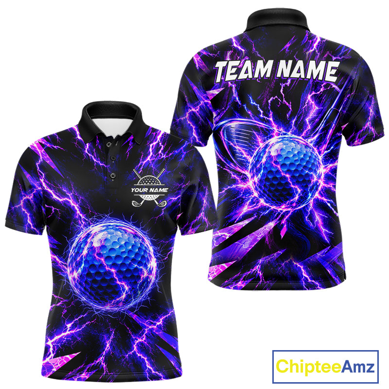 Personalized Purple Electric Lightning Men Golf Polo Shirt, Custom Golf Ball Polo Shirt NHT1552