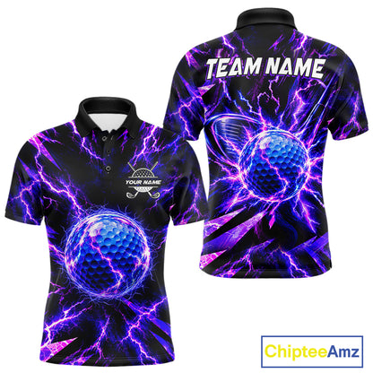 Personalized Purple Electric Lightning Men Golf Polo Shirt, Custom Golf Ball Polo Shirt NHT1552