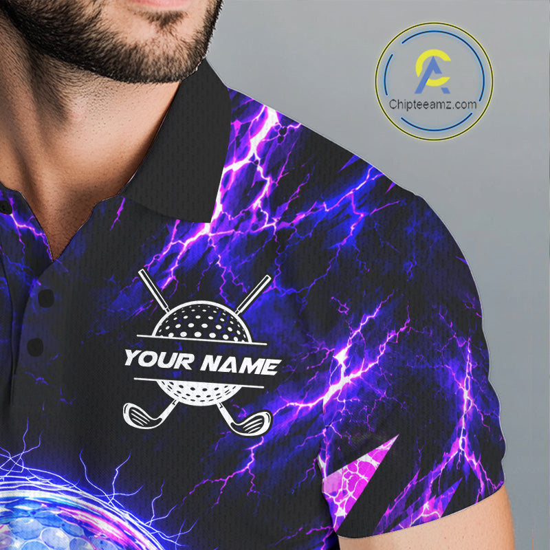 Personalized Purple Electric Lightning Men Golf Polo Shirt, Custom Golf Ball Polo Shirt NHT1552