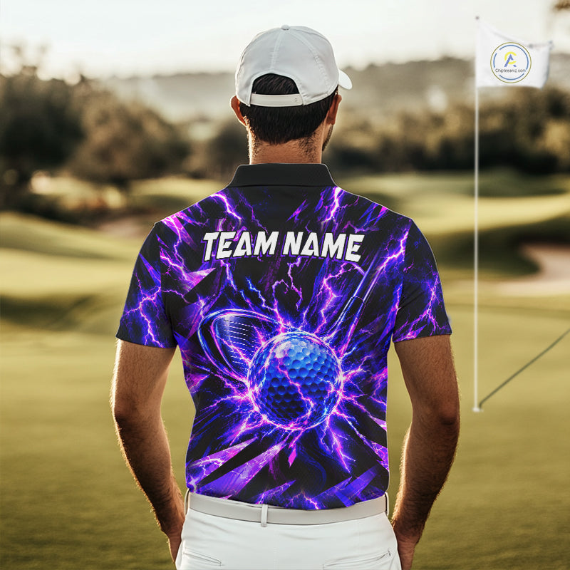 Personalized Purple Electric Lightning Men Golf Polo Shirt, Custom Golf Ball Polo Shirt NHT1552