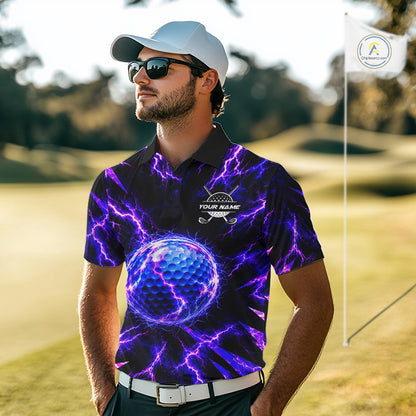 Personalized Purple Electric Lightning Men Golf Polo Shirt, Custom Golf Ball Polo Shirt NHT1552
