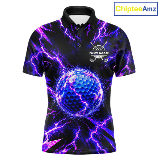 Personalized Purple Electric Lightning Men Golf Polo Shirt, Custom Golf Ball Polo Shirt NHT1552