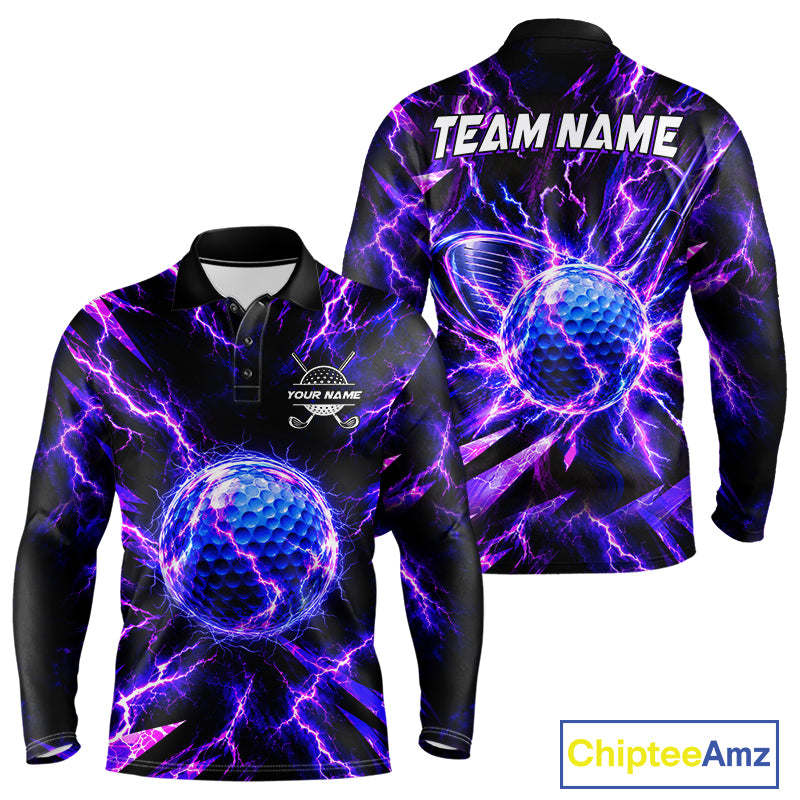 Personalized Purple Electric Lightning Men Golf Polo Shirt, Custom Golf Ball Polo Shirt NHT1552