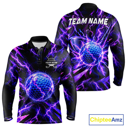 Personalized Purple Electric Lightning Men Golf Polo Shirt, Custom Golf Ball Polo Shirt NHT1552