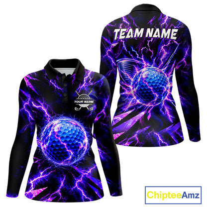 Personalized Purple Electric Lightning Women Golf Polo Shirt, Custom Golf Ball Polo Shirt NHT1552