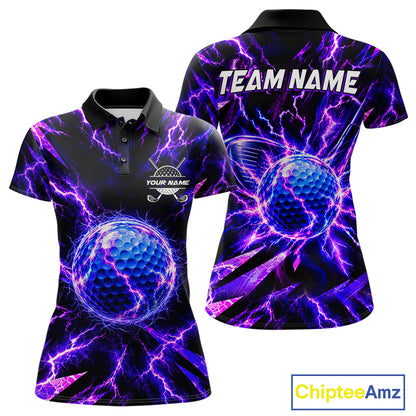 Personalized Purple Electric Lightning Women Golf Polo Shirt, Custom Golf Ball Polo Shirt NHT1552