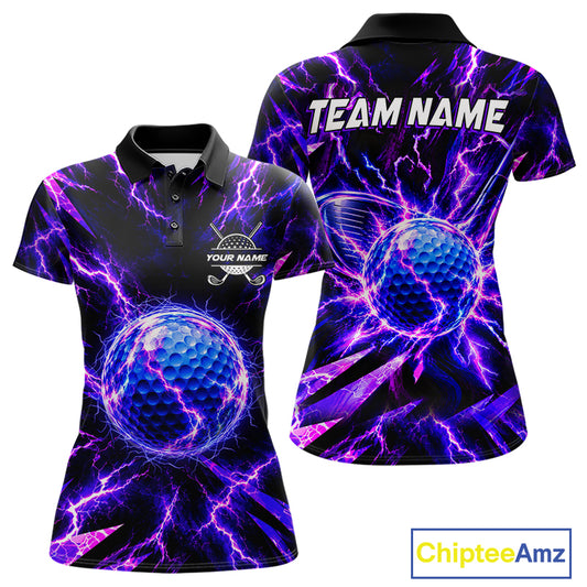 Personalized Purple Electric Lightning Women Golf Polo Shirt, Custom Golf Ball Polo Shirt NHT1552