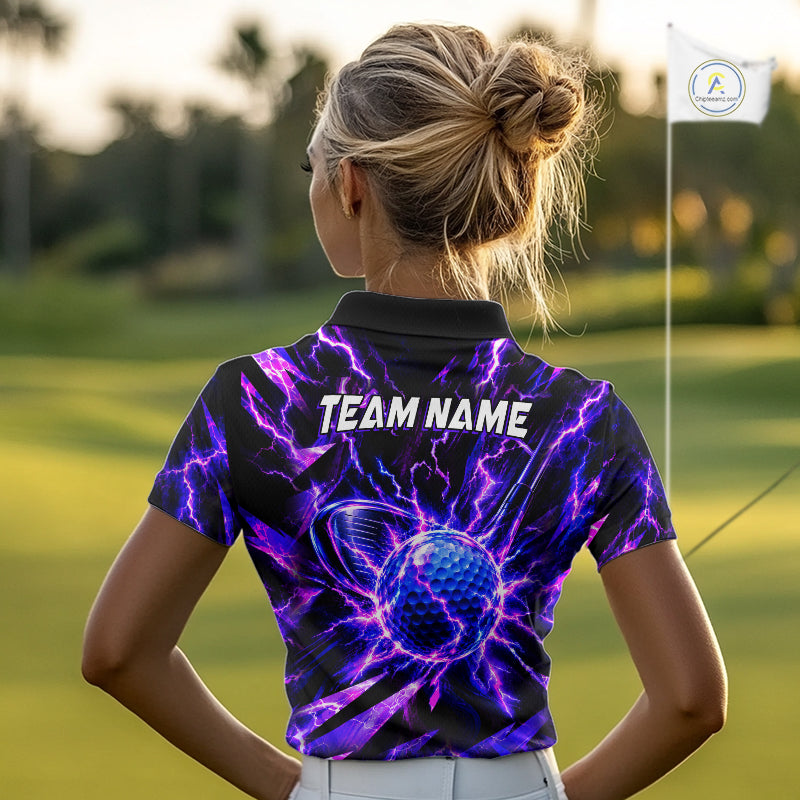 Personalized Purple Electric Lightning Women Golf Polo Shirt, Custom Golf Ball Polo Shirt NHT1552