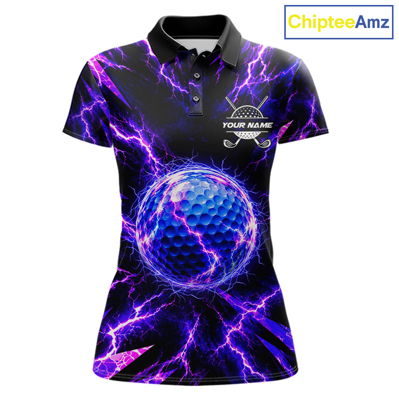 Personalized Purple Electric Lightning Women Golf Polo Shirt, Custom Golf Ball Polo Shirt NHT1552