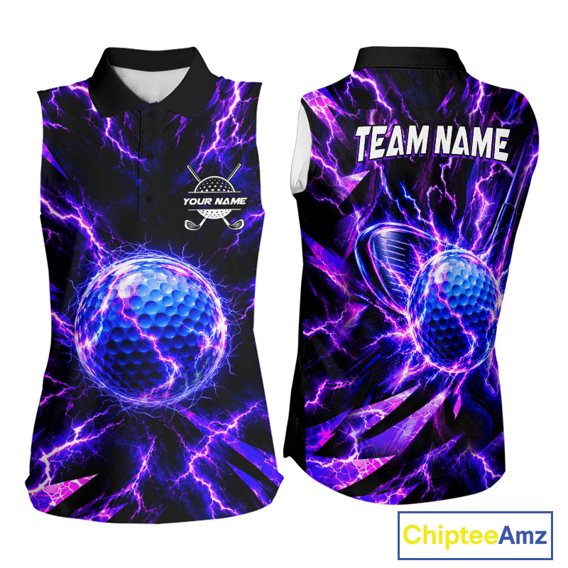 Personalized Purple Electric Lightning Women Sleeveless Golf Polo Shirt, Custom Golf Ball Polo Shirt NHT1552