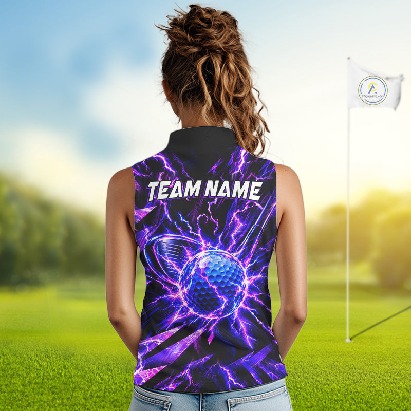 Personalized Purple Electric Lightning Women Sleeveless Golf Polo Shirt, Custom Golf Ball Polo Shirt NHT1552